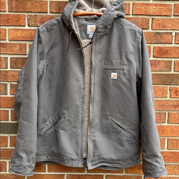 🆕 Carhartt Women’s Sherpa Lined Washed Duck Hooded Jacket XL Gray/Tan Very Warm